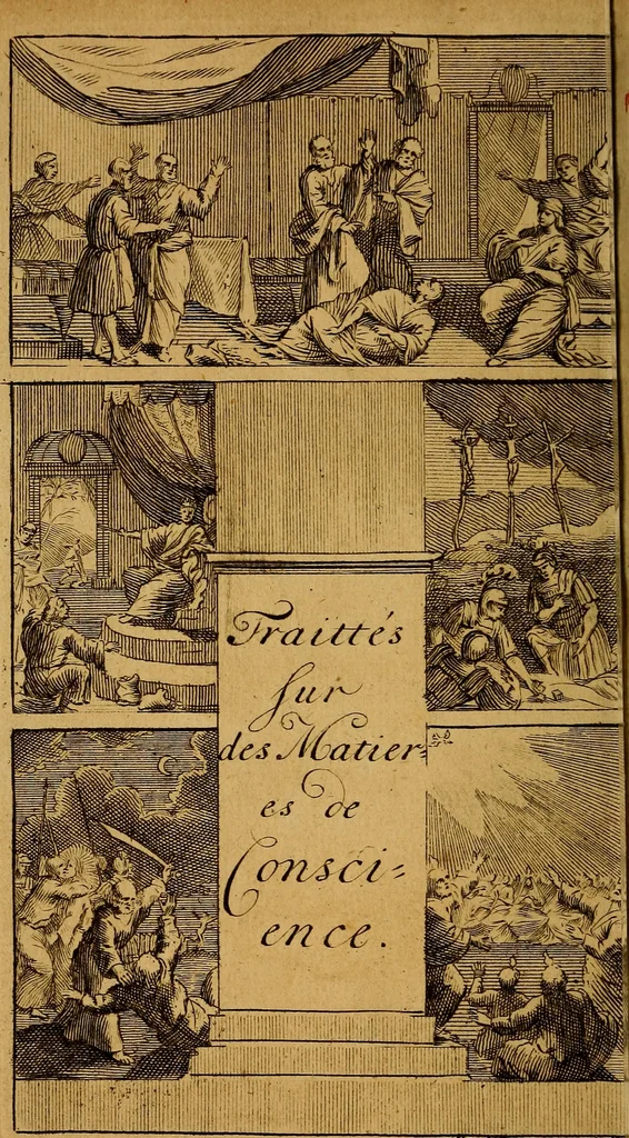An illustration from Divers traités sur des matières de conscience : où, L'on trouvera la résolution de plusieurs cas importans, & particulièrement de ceux qui concernent, le mensonge, les équivoques, & les réservations mentales, l'interét, le jeu, le droit de chacun a de se défendre, le scandale, 1697, leaf 5