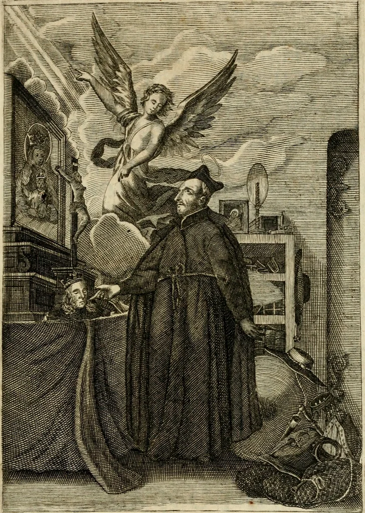 An illustration from Divo Francisco Borgiæ è Duce Gandiæ tertio, Soc. Jesu generali, à Clemente X Pont. Max. sanctorum clitum fastis ad scripto, Encomia emblemate, prosa, versu in de salvatoris Soc. Iesv ad S. Clementem, publice affixa in perpetuum amoris monumentum re ac typis incidi fecerunt, dum philosophum eius auspicys cptam primâ laureâ coronarent, 1672, leaf 16