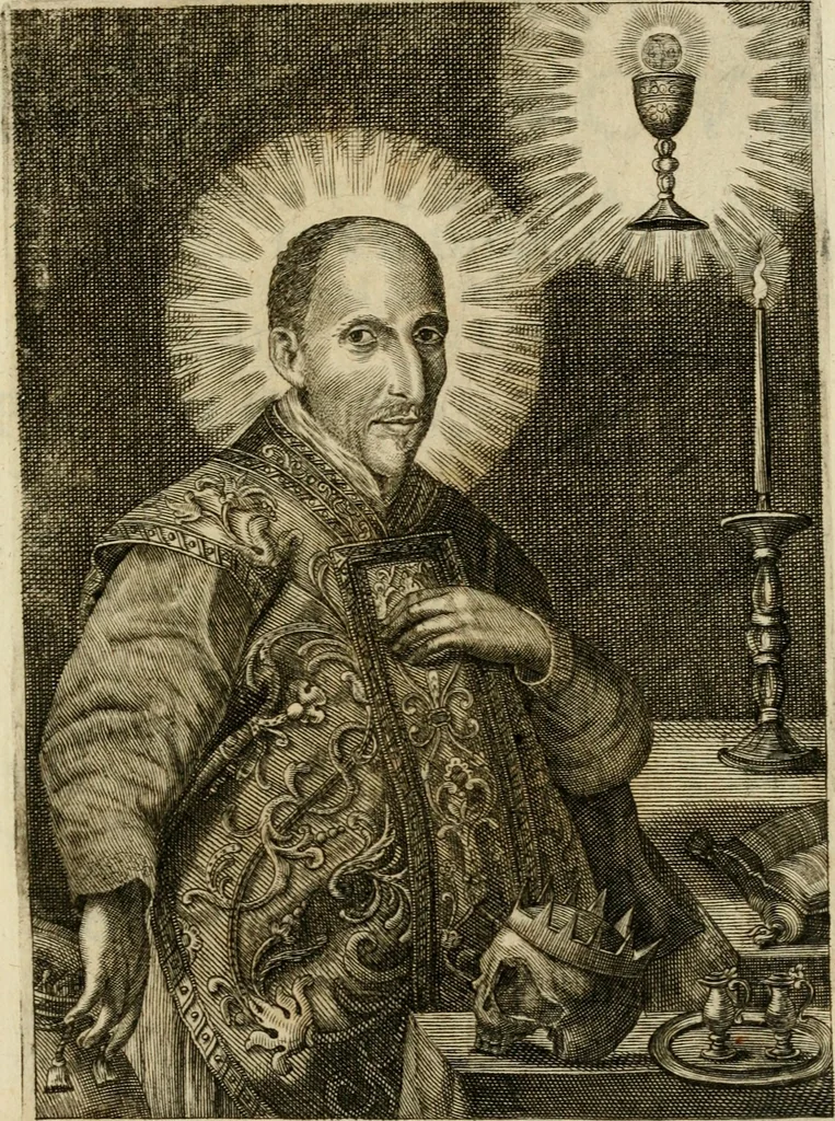 An illustration from Divo Francisco Borgiæ è Duce Gandiæ tertio, Soc. Jesu generali, à Clemente X Pont. Max. sanctorum clitum fastis ad scripto, Encomia emblemate, prosa, versu in de salvatoris Soc. Iesv ad S. Clementem, publice affixa in perpetuum amoris monumentum re ac typis incidi fecerunt, dum philosophum eius auspicys cptam primâ laureâ coronarent, 1672, leaf 38