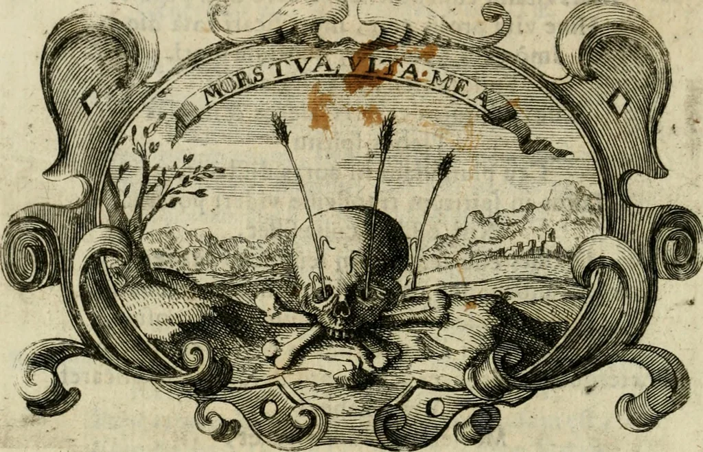 An illustration from Divo Francisco Borgiæ è Duce Gandiæ tertio, Soc. Jesu generali, à Clemente X Pont. Max. sanctorum clitum fastis ad scripto, Encomia emblemate, prosa, versu in de salvatoris Soc. Iesv ad S. Clementem, publice affixa in perpetuum amoris monumentum re ac typis incidi fecerunt, dum philosophum eius auspicys cptam primâ laureâ coronarent, 1672, leaf 43