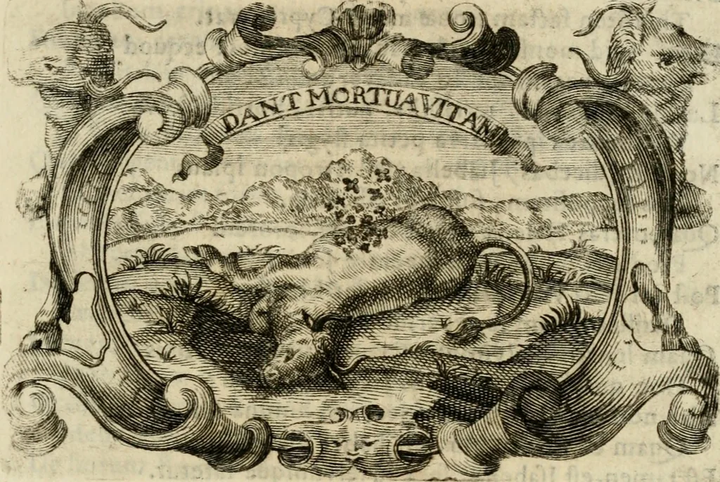 An illustration from Divo Francisco Borgiæ è Duce Gandiæ tertio, Soc. Jesu generali, à Clemente X Pont. Max. sanctorum clitum fastis ad scripto, Encomia emblemate, prosa, versu in de salvatoris Soc. Iesv ad S. Clementem, publice affixa in perpetuum amoris monumentum re ac typis incidi fecerunt, dum philosophum eius auspicys cptam primâ laureâ coronarent, 1672, leaf 48