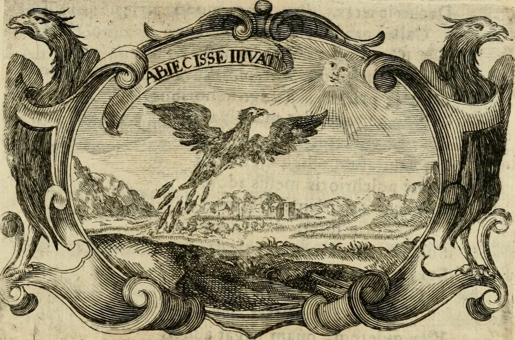 An illustration from Divo Francisco Borgiæ è Duce Gandiæ tertio, Soc. Jesu generali, à Clemente X Pont. Max. sanctorum clitum fastis ad scripto, Encomia emblemate, prosa, versu in de salvatoris Soc. Iesv ad S. Clementem, publice affixa in perpetuum amoris monumentum re ac typis incidi fecerunt, dum philosophum eius auspicys cptam primâ laureâ coronarent, 1672, leaf 58