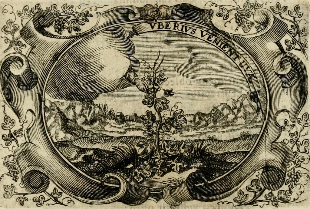 An illustration from Divo Francisco Borgiæ è Duce Gandiæ tertio, Soc. Jesu generali, à Clemente X Pont. Max. sanctorum clitum fastis ad scripto, Encomia emblemate, prosa, versu in de salvatoris Soc. Iesv ad S. Clementem, publice affixa in perpetuum amoris monumentum re ac typis incidi fecerunt, dum philosophum eius auspicys cptam primâ laureâ coronarent, 1672, leaf 62