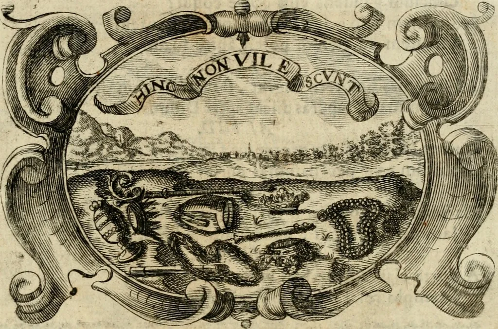 An illustration from Divo Francisco Borgiæ è Duce Gandiæ tertio, Soc. Jesu generali, à Clemente X Pont. Max. sanctorum clitum fastis ad scripto, Encomia emblemate, prosa, versu in de salvatoris Soc. Iesv ad S. Clementem, publice affixa in perpetuum amoris monumentum re ac typis incidi fecerunt, dum philosophum eius auspicys cptam primâ laureâ coronarent, 1672, leaf 68