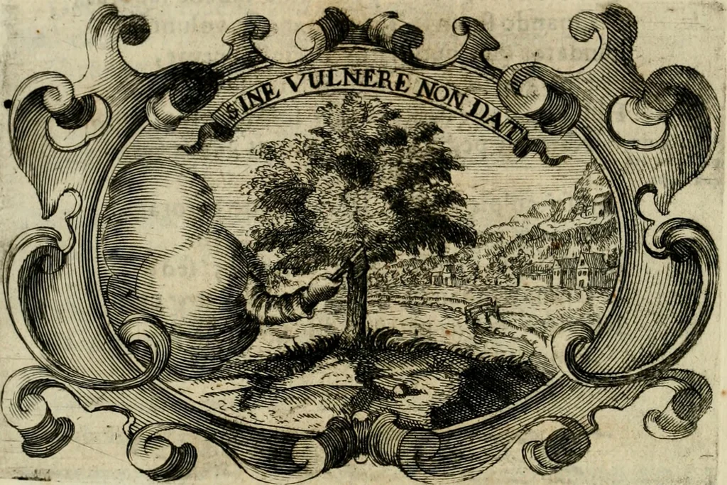 An illustration from Divo Francisco Borgiæ è Duce Gandiæ tertio, Soc. Jesu generali, à Clemente X Pont. Max. sanctorum clitum fastis ad scripto, Encomia emblemate, prosa, versu in de salvatoris Soc. Iesv ad S. Clementem, publice affixa in perpetuum amoris monumentum re ac typis incidi fecerunt, dum philosophum eius auspicys cptam primâ laureâ coronarent, 1672, leaf 71