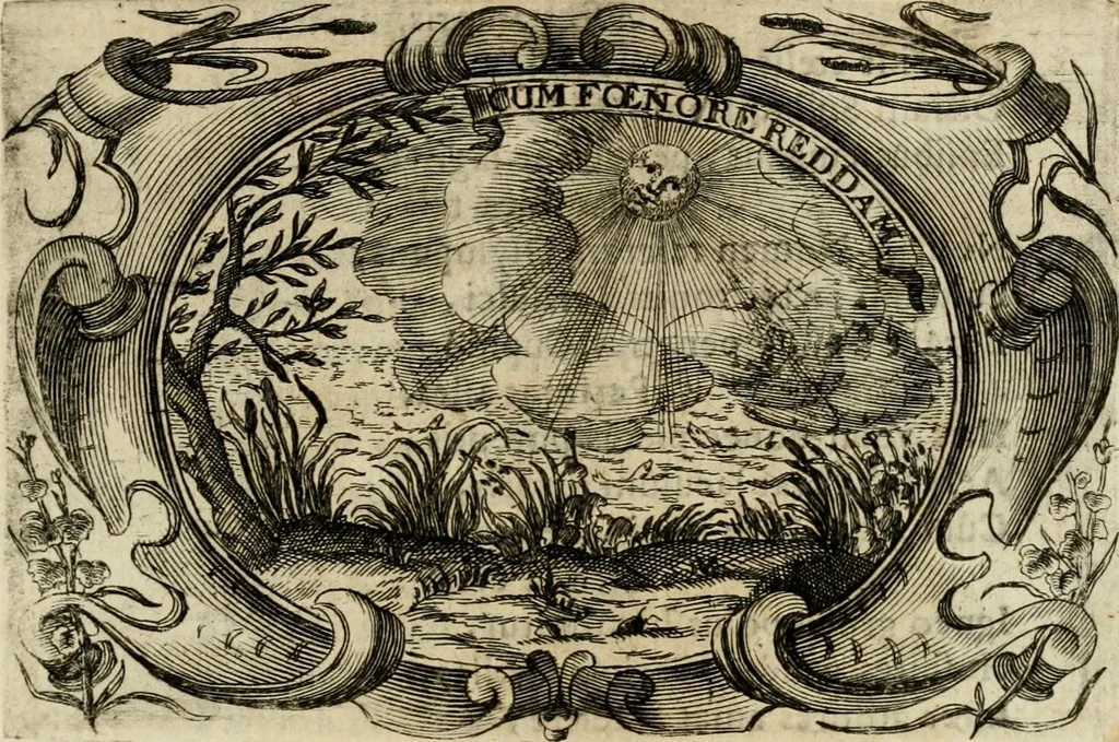 An illustration from Divo Francisco Borgiæ è Duce Gandiæ tertio, Soc. Jesu generali, à Clemente X Pont. Max. sanctorum clitum fastis ad scripto, Encomia emblemate, prosa, versu in de salvatoris Soc. Iesv ad S. Clementem, publice affixa in perpetuum amoris monumentum re ac typis incidi fecerunt, dum philosophum eius auspicys cptam primâ laureâ coronarent, 1672, leaf 78
