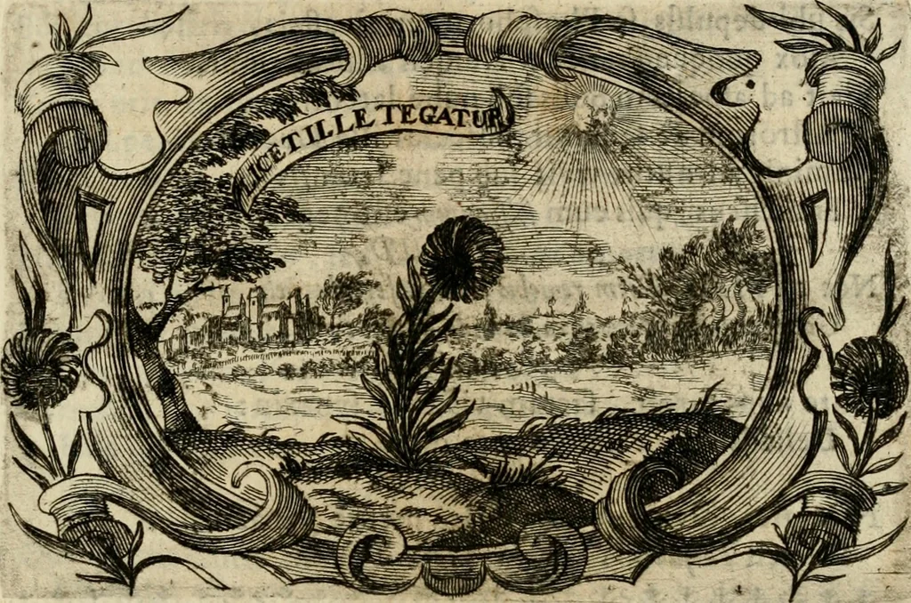 An illustration from Divo Francisco Borgiæ è Duce Gandiæ tertio, Soc. Jesu generali, à Clemente X Pont. Max. sanctorum clitum fastis ad scripto, Encomia emblemate, prosa, versu in de salvatoris Soc. Iesv ad S. Clementem, publice affixa in perpetuum amoris monumentum re ac typis incidi fecerunt, dum philosophum eius auspicys cptam primâ laureâ coronarent, 1672, leaf 82