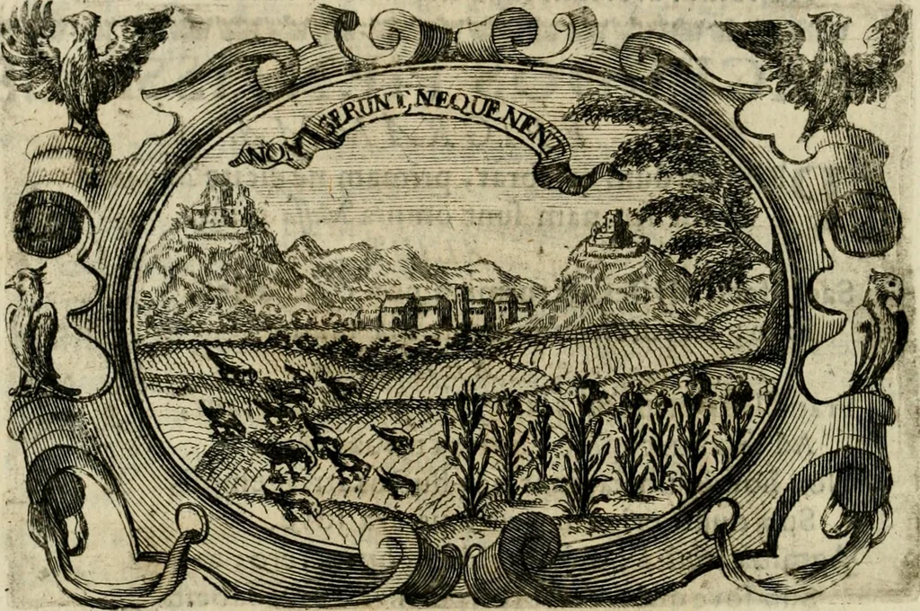An illustration from Divo Francisco Borgiæ è Duce Gandiæ tertio, Soc. Jesu generali, à Clemente X Pont. Max. sanctorum clitum fastis ad scripto, Encomia emblemate, prosa, versu in de salvatoris Soc. Iesv ad S. Clementem, publice affixa in perpetuum amoris monumentum re ac typis incidi fecerunt, dum philosophum eius auspicys cptam primâ laureâ coronarent, 1672, leaf 87