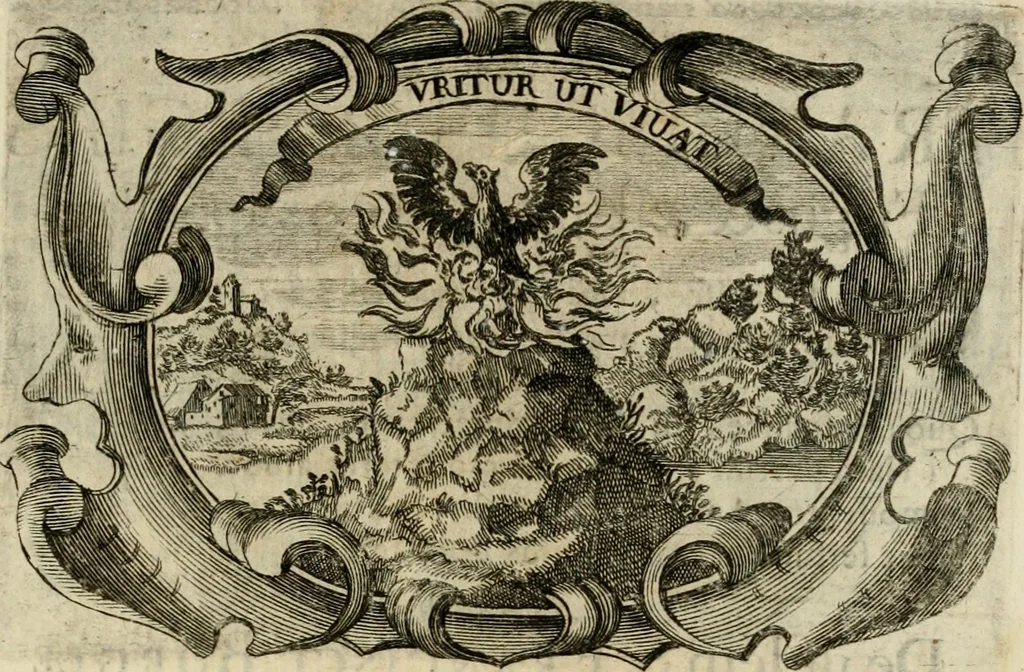 An illustration from Divo Francisco Borgiæ è Duce Gandiæ tertio, Soc. Jesu generali, à Clemente X Pont. Max. sanctorum clitum fastis ad scripto, Encomia emblemate, prosa, versu in de salvatoris Soc. Iesv ad S. Clementem, publice affixa in perpetuum amoris monumentum re ac typis incidi fecerunt, dum philosophum eius auspicys cptam primâ laureâ coronarent, 1672, leaf 90