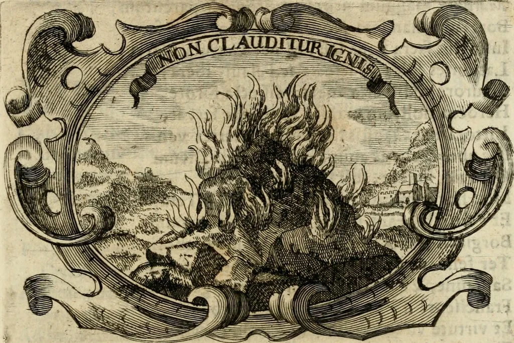 An illustration from Divo Francisco Borgiæ è Duce Gandiæ tertio, Soc. Jesu generali, à Clemente X Pont. Max. sanctorum clitum fastis ad scripto, Encomia emblemate, prosa, versu in de salvatoris Soc. Iesv ad S. Clementem, publice affixa in perpetuum amoris monumentum re ac typis incidi fecerunt, dum philosophum eius auspicys cptam primâ laureâ coronarent, 1672, leaf 92