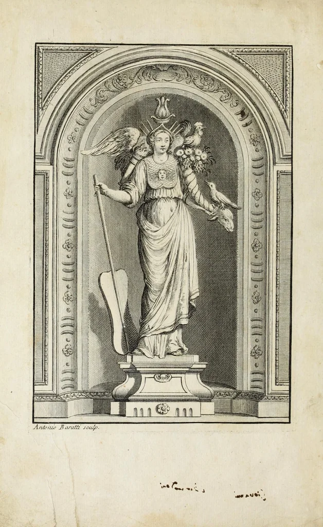An illustration from Dizionario mitologico : ovvero della favola, poetico, storico ec. in cui esttamente si spiega l'origine degli dei, de' semidei, e gegli eroi dell'antico gentilessimo, i misteri, i dogmi, il culto, i sacrifizj, i giuochi, le feste, e tutto ciò, che appartiene alla religione de' Gentilli ..., 1755, leaf 6