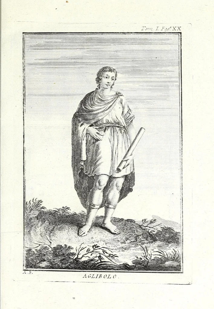An illustration from Dizionario mitologico, ovvero, Della favola, storico, poetico, simbolico ec. in cui esattamente si spiega l'origine degli dei, de' semidei, e degli eroi dell' antico gentilesimo, i misterj, i dogmi, il culto, i sacrifizj, i giuochi, le feste, e tutto ciò, che appartiene alla religione de' gentili ..., 1776, leaf 273
