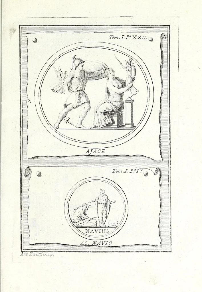 An illustration from Dizionario mitologico, ovvero, Della favola, storico, poetico, simbolico ec. in cui esattamente si spiega l'origine degli dei, de' semidei, e degli eroi dell' antico gentilesimo, i misterj, i dogmi, il culto, i sacrifizj, i giuochi, le feste, e tutto ciò, che appartiene alla religione de' gentili ..., 1776, leaf 275