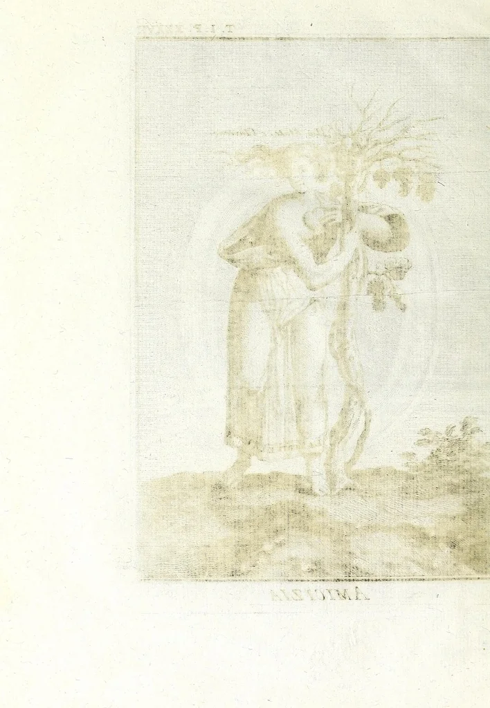 An illustration from Dizionario mitologico, ovvero, Della favola, storico, poetico, simbolico ec. in cui esattamente si spiega l'origine degli dei, de' semidei, e degli eroi dell' antico gentilesimo, i misterj, i dogmi, il culto, i sacrifizj, i giuochi, le feste, e tutto ciò, che appartiene alla religione de' gentili ..., 1776, leaf 282