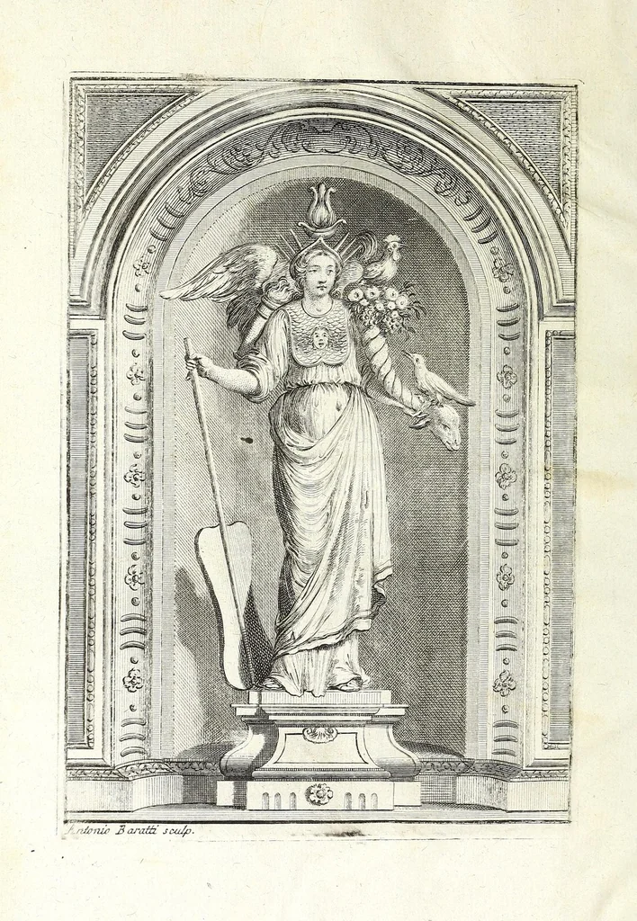 An illustration from Dizionario mitologico, ovvero, Della favola, storico, poetico, simbolico ec. in cui esattamente si spiega l'origine degli dei, de' semidei, e degli eroi dell' antico gentilesimo, i misterj, i dogmi, il culto, i sacrifizj, i giuochi, le feste, e tutto ciò, che appartiene alla religione de' gentili ..., 1776, leaf 6
