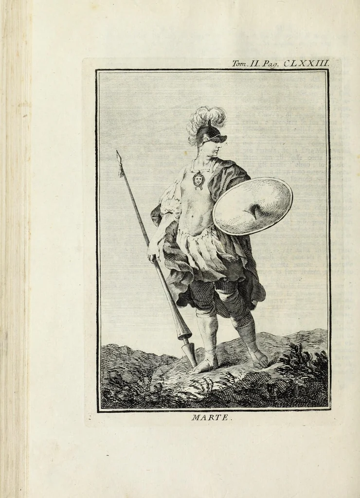 An illustration from Dizionario mitologico : ovvero della favola, poetico, storico ec. in cui esttamente si spiega l'origine degli dei, de' semidei, e gegli eroi dell'antico gentilessimo, i misteri, i dogmi, il culto, i sacrifizj, i giuochi, le feste, e tutto ciò, che appartiene alla religione de' Gentilli ..., 1755, leaf 218