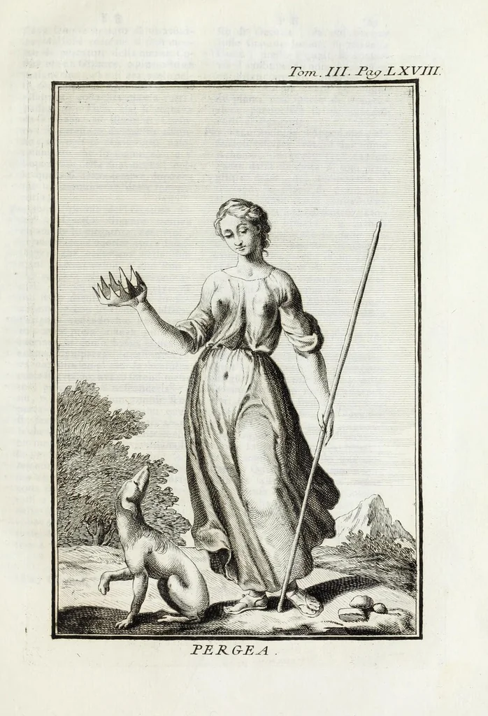 An illustration from Dizionario mitologico : ovvero della favola, poetico, storico ec. in cui esttamente si spiega l'origine degli dei, de' semidei, e gegli eroi dell'antico gentilessimo, i misteri, i dogmi, il culto, i sacrifizj, i giuochi, le feste, e tutto ciò, che appartiene alla religione de' Gentilli ..., 1755, leaf 105