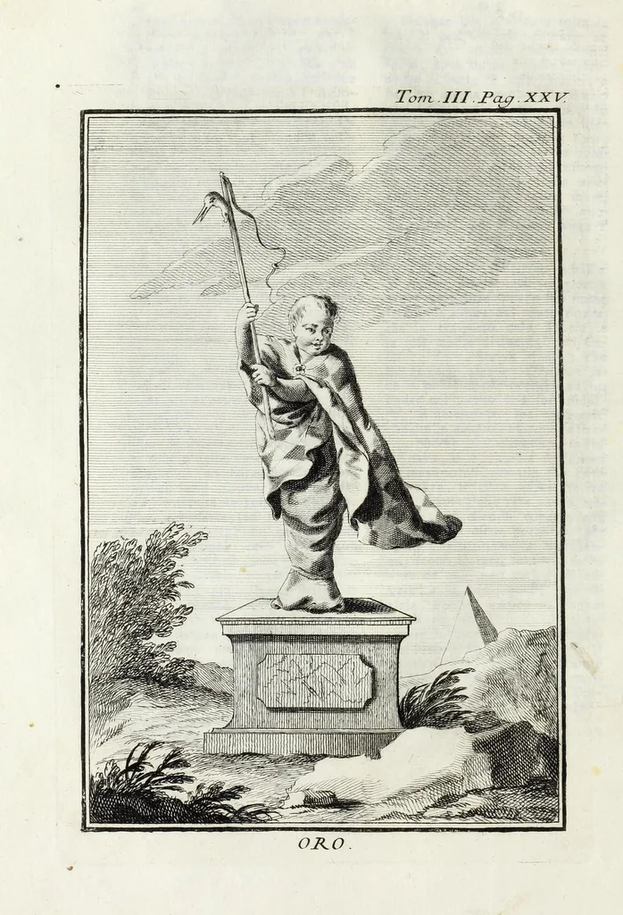 An illustration from Dizionario mitologico : ovvero della favola, poetico, storico ec. in cui esttamente si spiega l'origine degli dei, de' semidei, e gegli eroi dell'antico gentilessimo, i misteri, i dogmi, il culto, i sacrifizj, i giuochi, le feste, e tutto ciò, che appartiene alla religione de' Gentilli ..., 1755, leaf 46