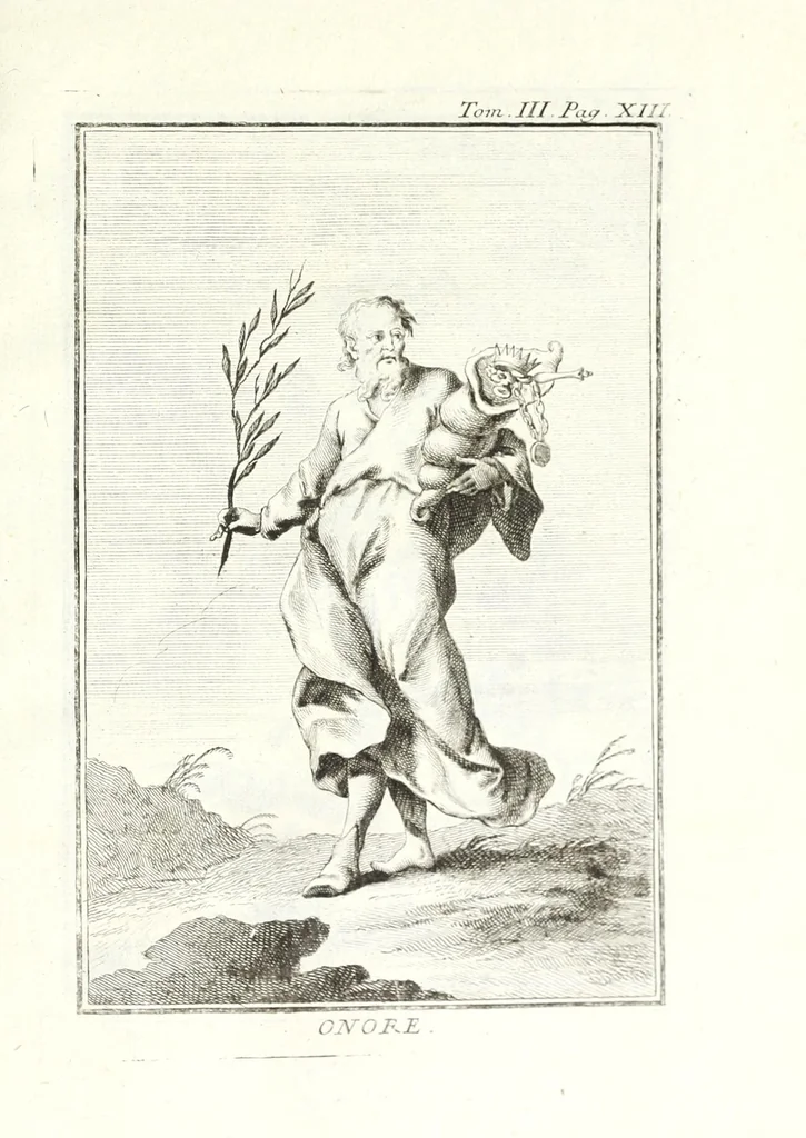 An illustration from Dizionario mitologico, ovvero, Della favola, storico, poetico, simbolico ec. in cui esattamente si spiega l'origine degli dei, de' semidei, e degli eroi dell' antico gentilesimo, i misterj, i dogmi, il culto, i sacrifizj, i giuochi, le feste, e tutto ciò, che appartiene alla religione de' gentili ..., 1776, leaf 285