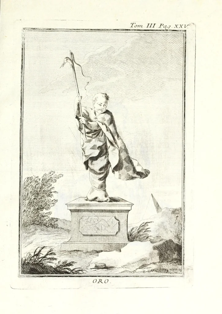 An illustration from Dizionario mitologico, ovvero, Della favola, storico, poetico, simbolico ec. in cui esattamente si spiega l'origine degli dei, de' semidei, e degli eroi dell' antico gentilesimo, i misterj, i dogmi, il culto, i sacrifizj, i giuochi, le feste, e tutto ciò, che appartiene alla religione de' gentili ..., 1776, leaf 297