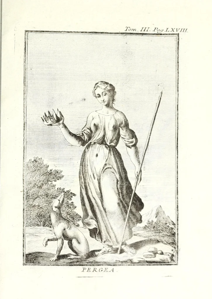 An illustration from Dizionario mitologico, ovvero, Della favola, storico, poetico, simbolico ec. in cui esattamente si spiega l'origine degli dei, de' semidei, e degli eroi dell' antico gentilesimo, i misterj, i dogmi, il culto, i sacrifizj, i giuochi, le feste, e tutto ciò, che appartiene alla religione de' gentili ..., 1776, leaf 329