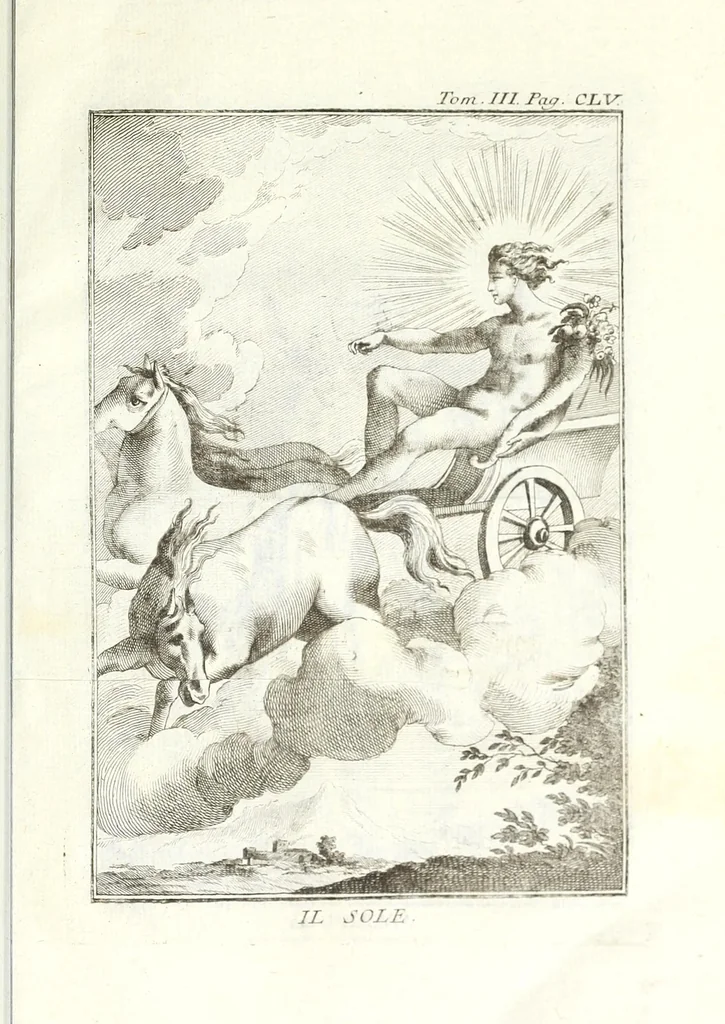 An illustration from Dizionario mitologico, ovvero, Della favola, storico, poetico, simbolico ec. in cui esattamente si spiega l'origine degli dei, de' semidei, e degli eroi dell' antico gentilesimo, i misterj, i dogmi, il culto, i sacrifizj, i giuochi, le feste, e tutto ciò, che appartiene alla religione de' gentili ..., 1776, leaf 341