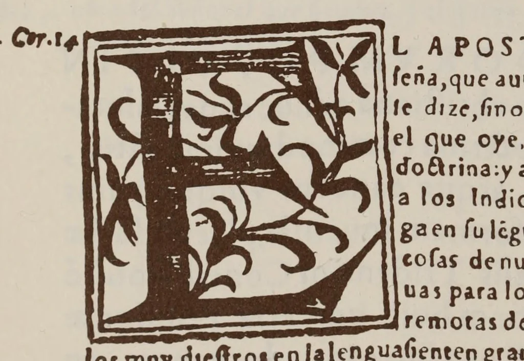 An illustration from Doctrina Christiana, y catecismo para instruccion de los Indios, y de las de mas personas ... : con vn confessionario, y otras cosas necessarias ..., 1584, leaf 14
