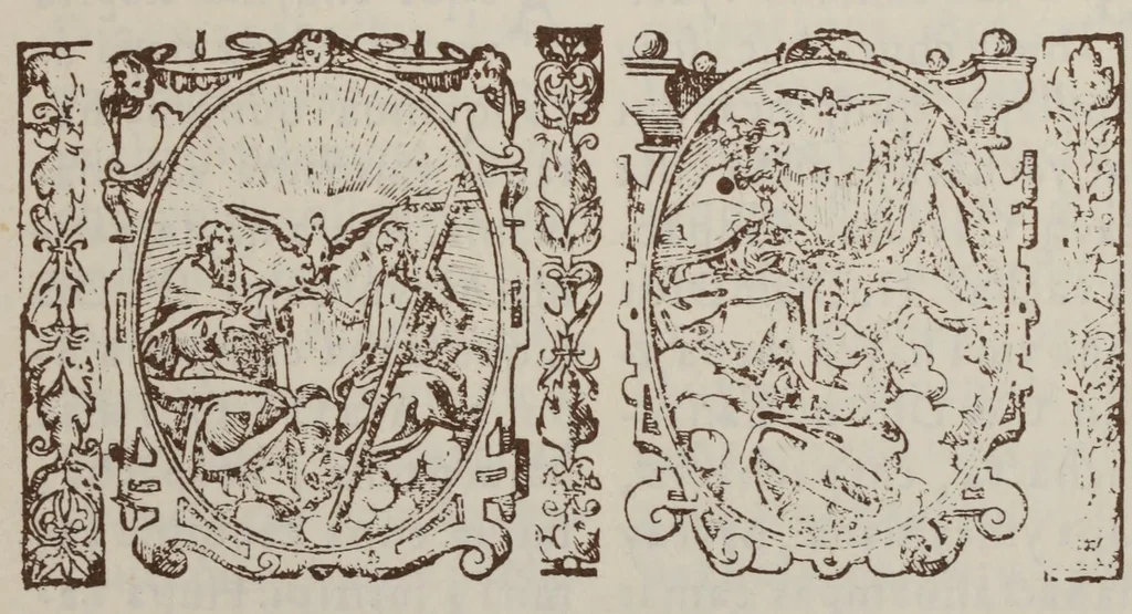 An illustration from Doctrina Christiana, y catecismo para instruccion de los Indios, y de las de mas personas ... : con vn confessionario, y otras cosas necessarias ..., 1584, leaf 53