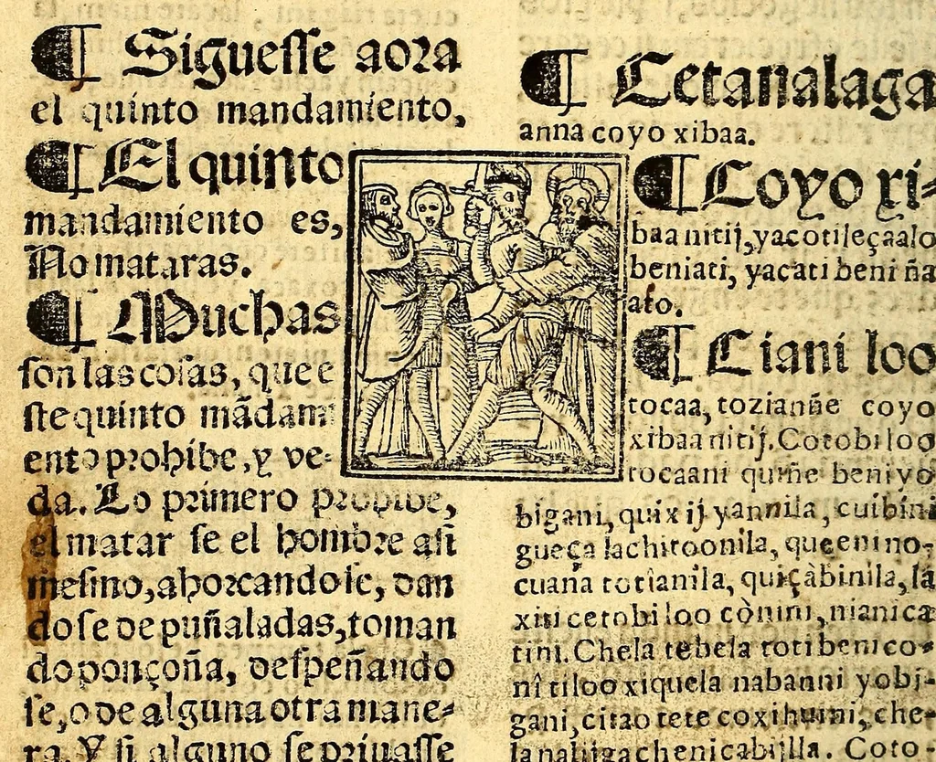 An illustration from Doctrina Christiana en lengua Castellana y Çapoteca:, 1567, leaf 154
