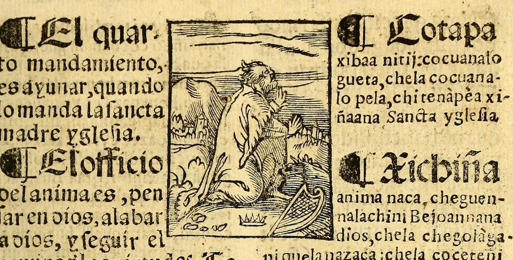 An illustration from Doctrina Christiana en lengua Castellana y Çapoteca:, 1567, leaf 181