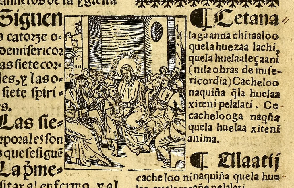 An illustration from Doctrina Christiana en lengua Castellana y Çapoteca:, 1567, leaf 185