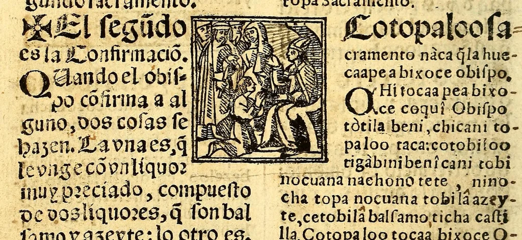 An illustration from Doctrina Christiana en lengua Castellana y Çapoteca:, 1567, leaf 216