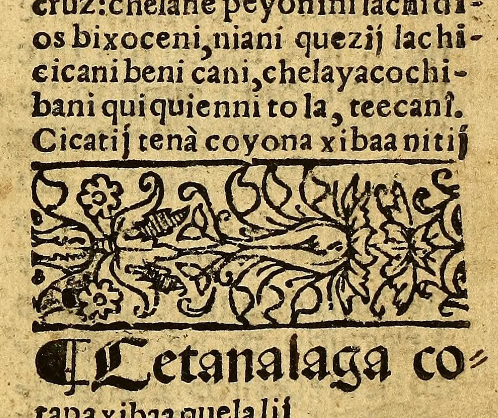 An illustration from Doctrina Christiana en lengua Castellana y Çapoteca:, 1567, leaf 77