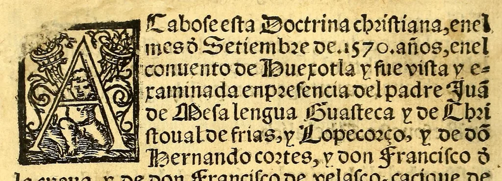 An illustration from Doctrina christiana en la lengua guasteca co[n] la lengua castellana, : la guasteca correspondiente acada palabra: de guasteco: segun q[ue] se pudo tolerar en la frasis: de la lengua guasteca:, 1571, leaf 100