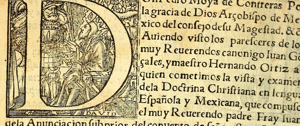 An illustration from Doctrina christiana muy cumplida, : donde se contiene la exposicion de todo lo necessario para doctrinar alos Yndios, y administralles los Sanctos Sacramentos., 1575, leaf 8