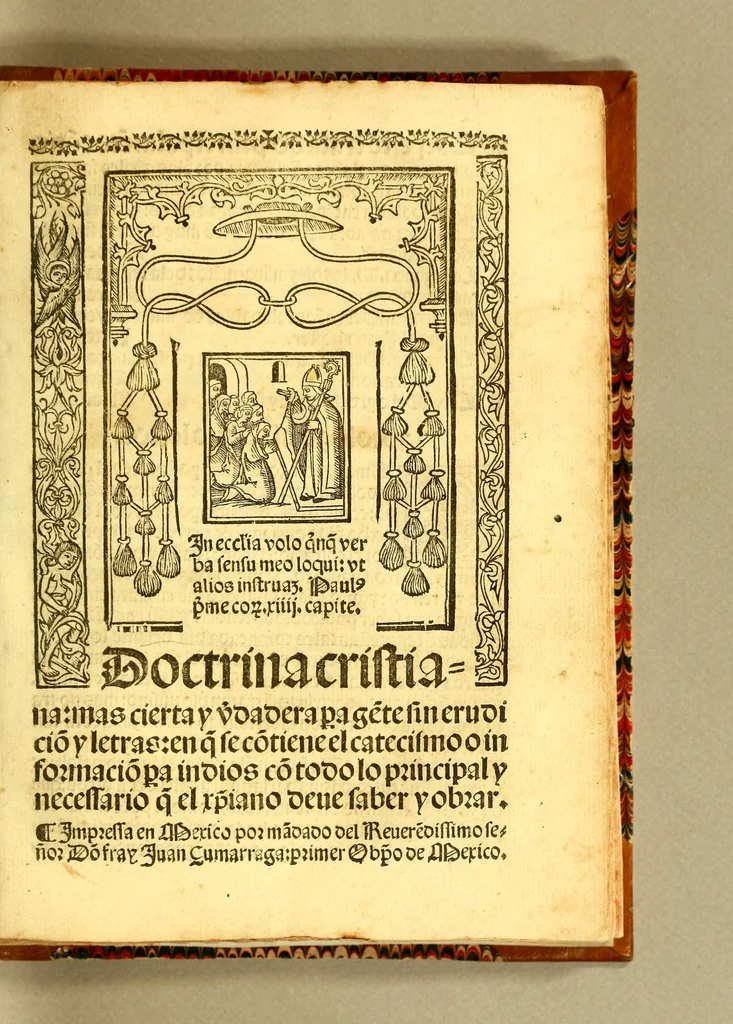 An illustration from Doctrina cristiana: : mas cierta y v[er]dadera p[ar]a ge[n]te sin erudicio[n] y letras: en q[ue] se co[n]tiene el catecismo o informacio[n] p[ar]a indios co[n] todo lo principal y necessario q[ue] el [christ]iano deue saber y obrar, 1546, leaf 5