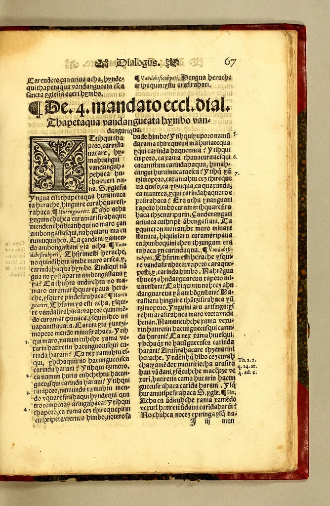 An illustration from Doctrinalis fidei in Michuacane[n]sium Indorum linguam : [a]editus ab admodum Reuerendo Patre Fratre Joanne Metinensi, Bethico, Augustiniani ordinis, [et] Priore conuentus Taca[m]barensis. Tomus secundus. ... Accessit & compendium metheorologicarum impraessionum ab ipso auctore recognitum, 1575, leaf 141