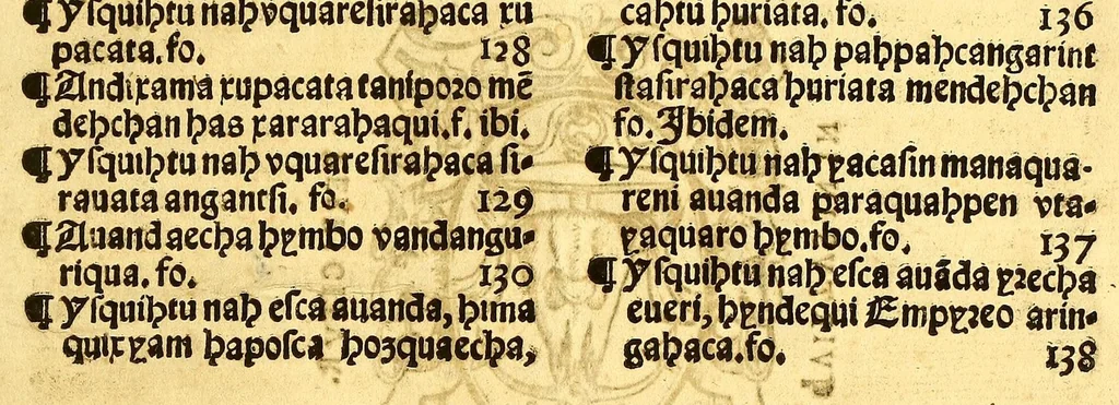 An illustration from Doctrinalis fidei in Michuacane[n]sium Indorum linguam : [a]editus ab admodum Reuerendo Patre Fratre Joanne Metinensi, Bethico, Augustiniani ordinis, [et] Priore conuentus Taca[m]barensis. Tomus secundus. ... Accessit & compendium metheorologicarum impraessionum ab ipso auctore recognitum, 1575, leaf 291