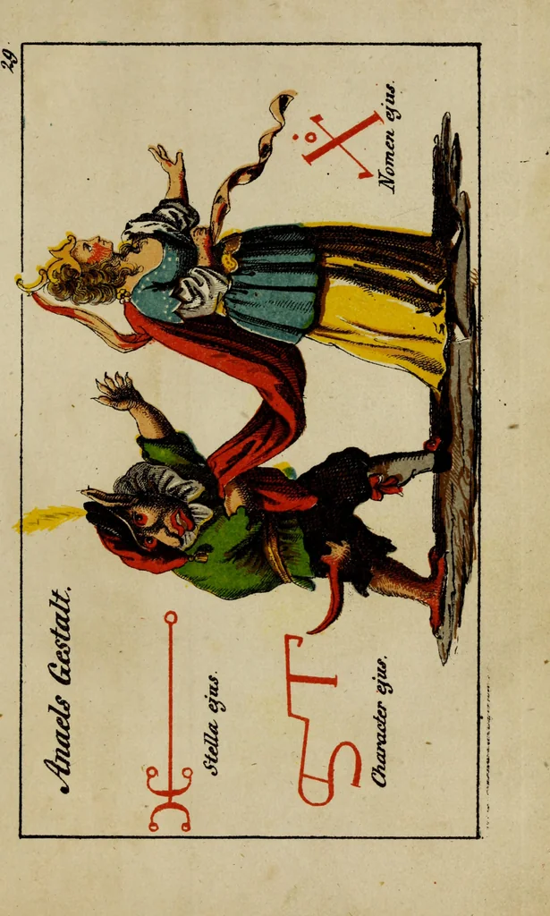 An illustration from Doktor Johannes Faust's Magia naturalis et innaturalis : oder, Dreifacher Höllenzwang, letztes Testament and Siegelkunst, nach einer kostbar ausgestattenten Handschrift in der Herzogl. Bibliothek zu Koburg vollständig und wortgetreu hrsg. in fünf Abtheilungen .., 1849, leaf 143