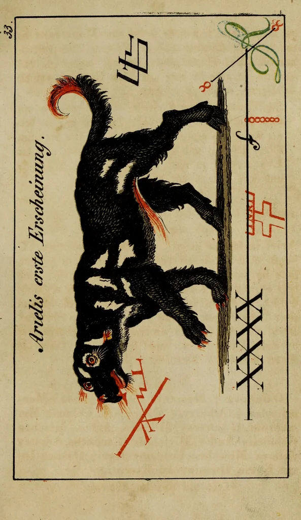 An illustration from Doktor Johannes Faust's Magia naturalis et innaturalis : oder, Dreifacher Höllenzwang, letztes Testament and Siegelkunst, nach einer kostbar ausgestattenten Handschrift in der Herzogl. Bibliothek zu Koburg vollständig und wortgetreu hrsg. in fünf Abtheilungen .., 1849, leaf 155