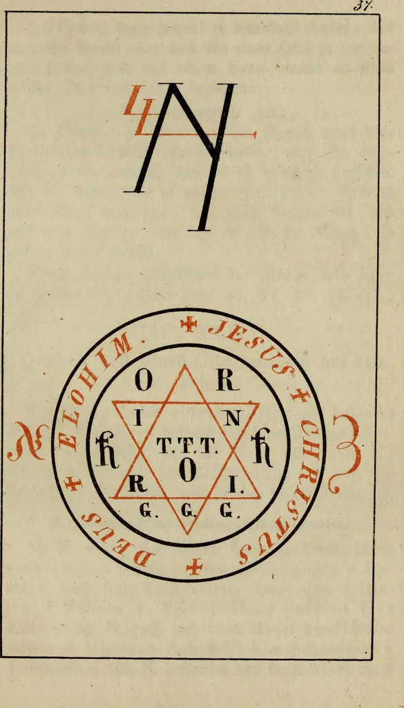 An illustration from Doktor Johannes Faust's Magia naturalis et innaturalis : oder, Dreifacher Höllenzwang, letztes Testament and Siegelkunst, nach einer kostbar ausgestattenten Handschrift in der Herzogl. Bibliothek zu Koburg vollständig und wortgetreu hrsg. in fünf Abtheilungen .., 1849, leaf 163