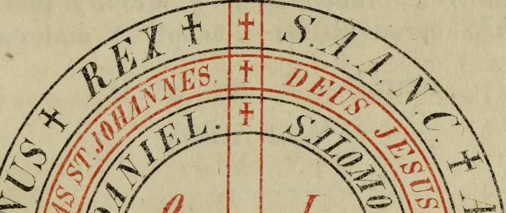 An illustration from Doktor Johannes Faust's Magia naturalis et innaturalis : oder, Dreifacher Höllenzwang, letztes Testament and Siegelkunst, nach einer kostbar ausgestattenten Handschrift in der Herzogl. Bibliothek zu Koburg vollständig und wortgetreu hrsg. in fünf Abtheilungen .., 1849, leaf 187