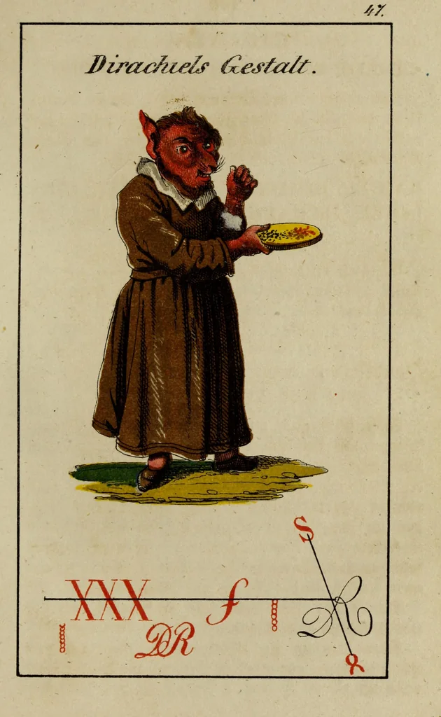An illustration from Doktor Johannes Faust's Magia naturalis et innaturalis : oder, Dreifacher Höllenzwang, letztes Testament and Siegelkunst, nach einer kostbar ausgestattenten Handschrift in der Herzogl. Bibliothek zu Koburg vollständig und wortgetreu hrsg. in fünf Abtheilungen .., 1849, leaf 197