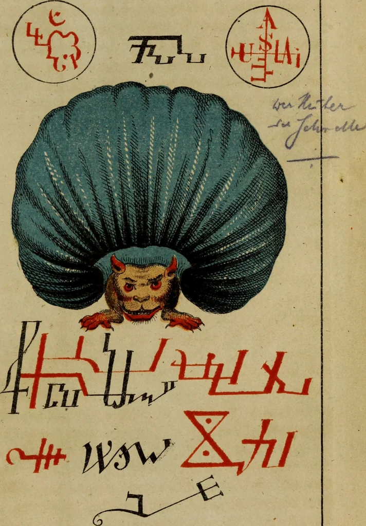 An illustration from Doktor Johannes Faust's Magia naturalis et innaturalis : oder, Dreifacher Höllenzwang, letztes Testament and Siegelkunst, nach einer kostbar ausgestattenten Handschrift in der Herzogl. Bibliothek zu Koburg vollständig und wortgetreu hrsg. in fünf Abtheilungen .., 1849, leaf 245