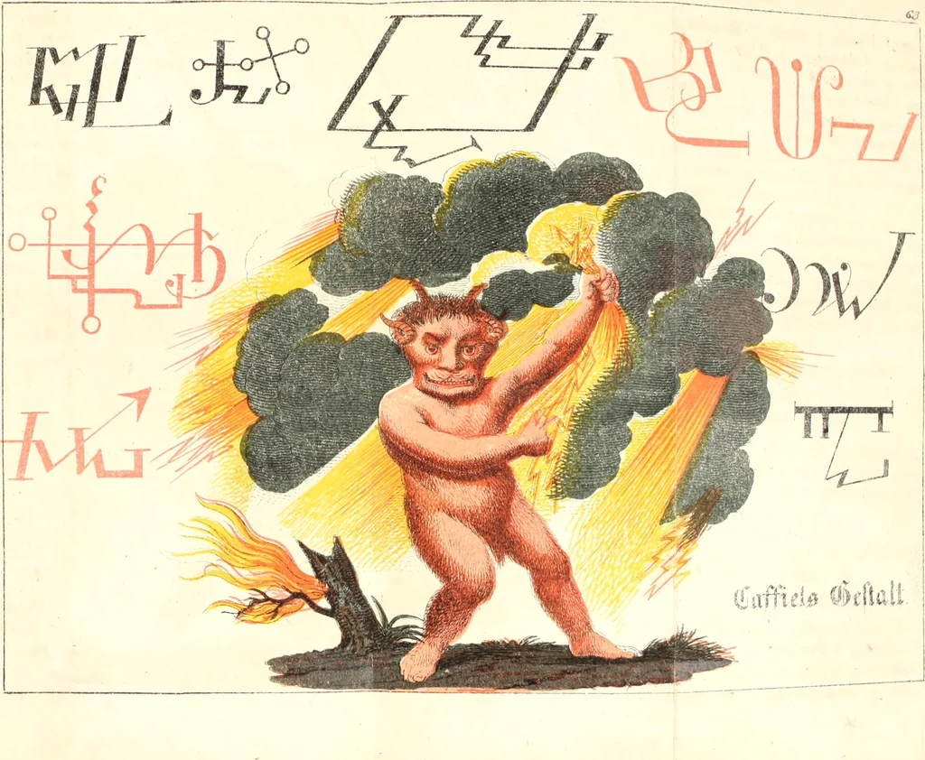 An illustration from Doktor Johannes Faust's Magia naturalis et innaturalis : oder, Dreifacher Höllenzwang, letztes Testament and Siegelkunst, nach einer kostbar ausgestattenten Handschrift in der Herzogl. Bibliothek zu Koburg vollständig und wortgetreu hrsg. in fünf Abtheilungen .., 1849, leaf 251