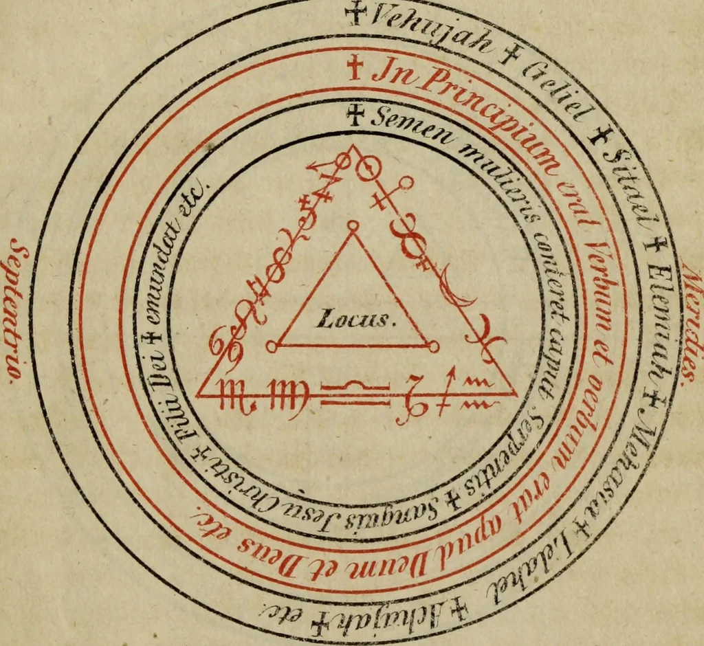 An illustration from Doktor Johannes Faust's Magia naturalis et innaturalis : oder, Dreifacher Höllenzwang, letztes Testament and Siegelkunst, nach einer kostbar ausgestattenten Handschrift in der Herzogl. Bibliothek zu Koburg vollständig und wortgetreu hrsg. in fünf Abtheilungen .., 1849, leaf 27