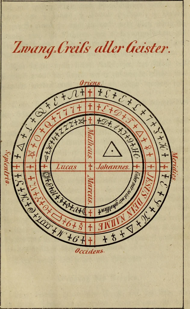 An illustration from Doktor Johannes Faust's Magia naturalis et innaturalis : oder, Dreifacher Höllenzwang, letztes Testament and Siegelkunst, nach einer kostbar ausgestattenten Handschrift in der Herzogl. Bibliothek zu Koburg vollständig und wortgetreu hrsg. in fünf Abtheilungen .., 1849, leaf 29