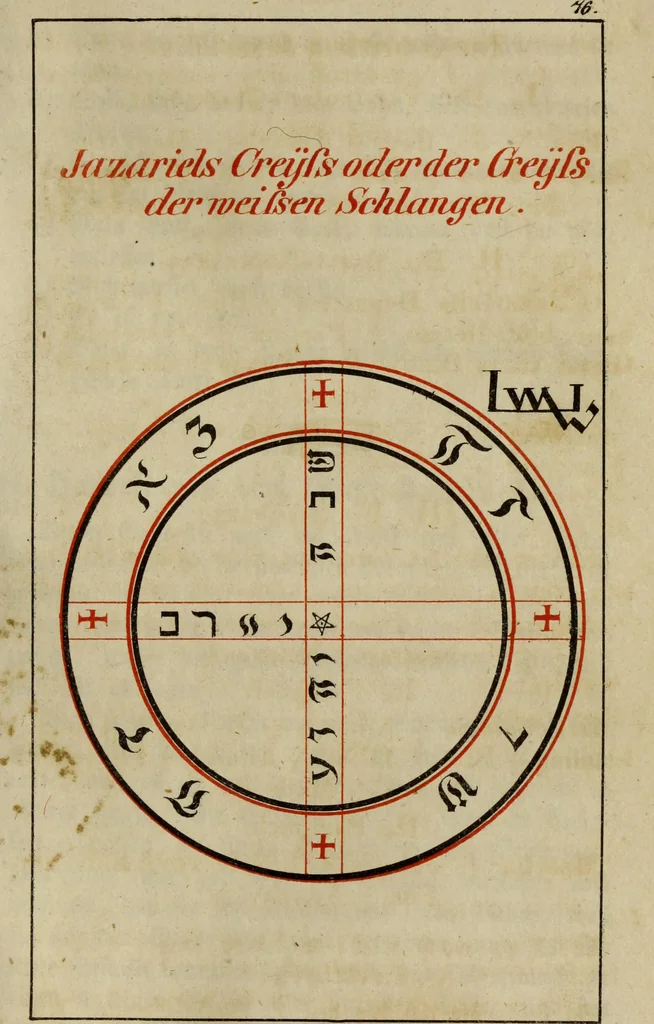 An illustration from Doktor Johannes Faust's Magia naturalis et innaturalis : oder, Dreifacher Höllenzwang, letztes Testament and Siegelkunst, nach einer kostbar ausgestattenten Handschrift in der Herzogl. Bibliothek zu Koburg vollständig und wortgetreu hrsg. in fünf Abtheilungen .., 1849, leaf 337