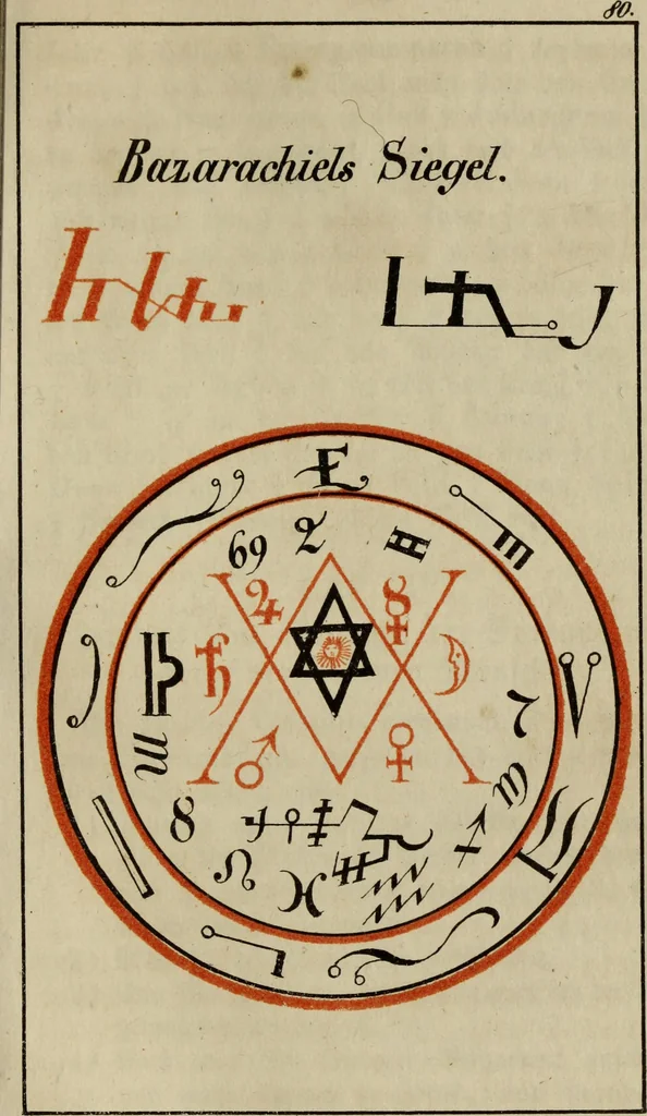 An illustration from Doktor Johannes Faust's Magia naturalis et innaturalis : oder, Dreifacher Höllenzwang, letztes Testament and Siegelkunst, nach einer kostbar ausgestattenten Handschrift in der Herzogl. Bibliothek zu Koburg vollständig und wortgetreu hrsg. in fünf Abtheilungen .., 1849, leaf 351