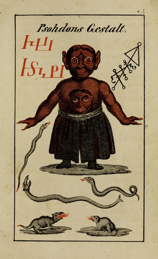 An illustration from Doktor Johannes Faust's Magia naturalis et innaturalis : oder, Dreifacher Höllenzwang, letztes Testament and Siegelkunst, nach einer kostbar ausgestattenten Handschrift in der Herzogl. Bibliothek zu Koburg vollständig und wortgetreu hrsg. in fünf Abtheilungen .., 1849, leaf 371